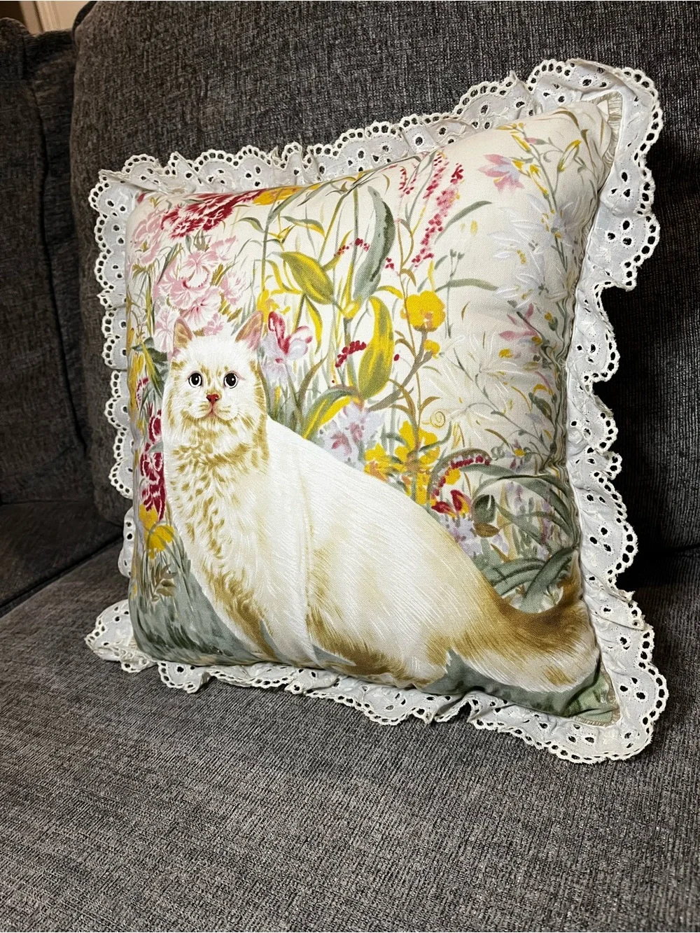 Vintage Floral Cat Pillow Throw Pillow with Eyelet Lace Ruffle Cottagecore Decor
